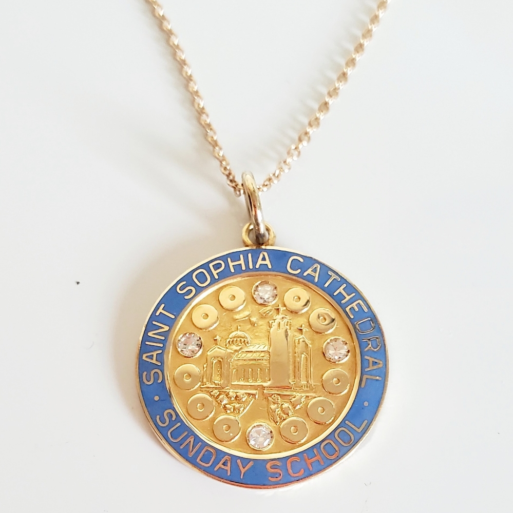 VTG 14K Gold Saint Sophia Cathedral Sunday School Pendant With 4 Diamonds &Chain